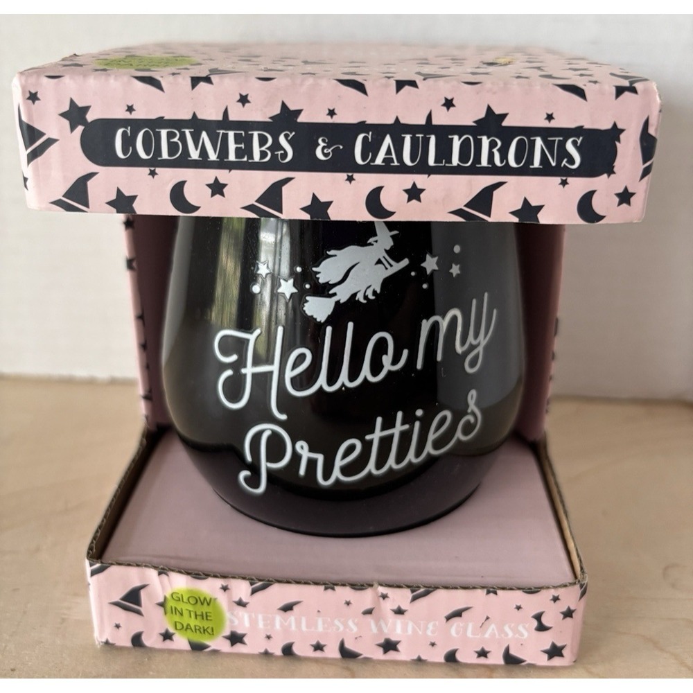 Cobwebs & Cauldrons Halloween Stemless Wine Glass NIB Hello My Pretties Witch